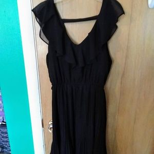 Black, Ruffly, Short, Deep-V Dress